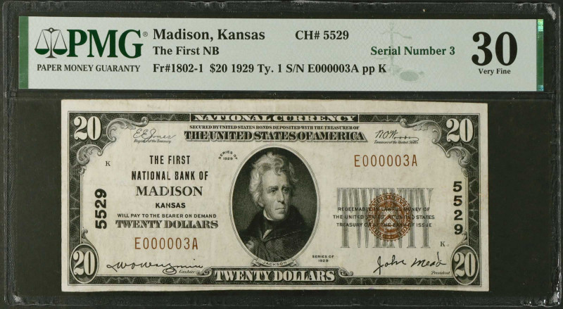 Madison, Kansas. $20 1929 Ty. 1. Fr. 1802-1. The First NB. Charter #5529. PMG Ve...