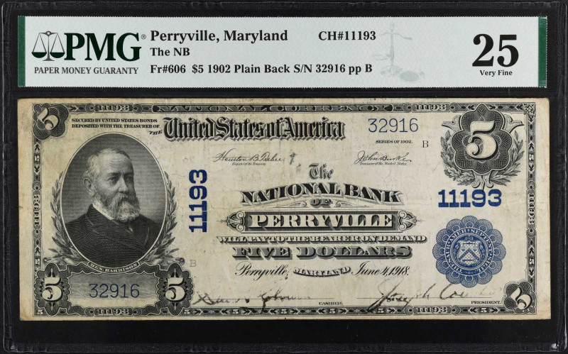 Perryville, Maryland. $5 1902 Plain Back. Fr. 606. The NB. Charter #11193. PMG V...