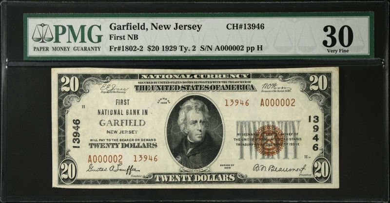 Garfield, New Jersey. $20 1929 Ty. 2. Fr. 1802-2. First NB. Charter #13946. PMG ...