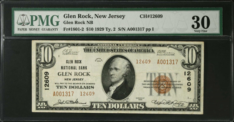 Glen Rock, New Jersey. $10 1929 Ty. 2. Fr. 1801-2. Glen Rock NB. Charter #12609....