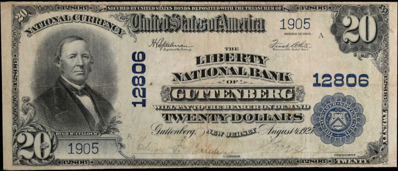 Guttenberg, New Jersey. $20 1902 Plain Back. Fr. 661. The Liberty NB. Charter #1...