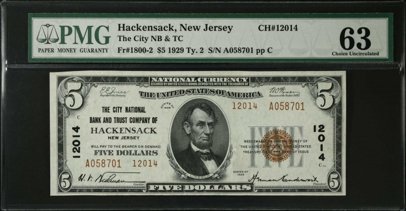 Hackensack, New Jersey. $5 1929 Ty. 2. Fr. 1800-2. The City NB & TC. Charter #12...