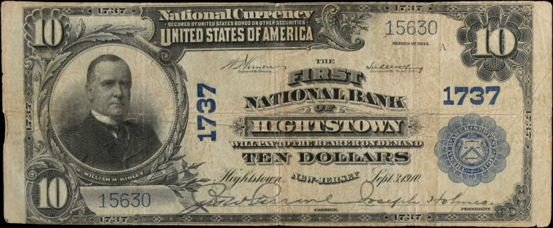 Hightstown, New Jersey. $10 1902 Plain Back. Fr. 627. The First NB. Charter #173...