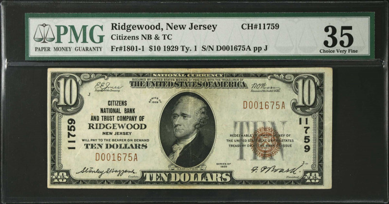 Ridgewood, New Jersey. $10 1929 Ty. 1. Fr. 1801-1. The Citizens NB & TC. Charter...