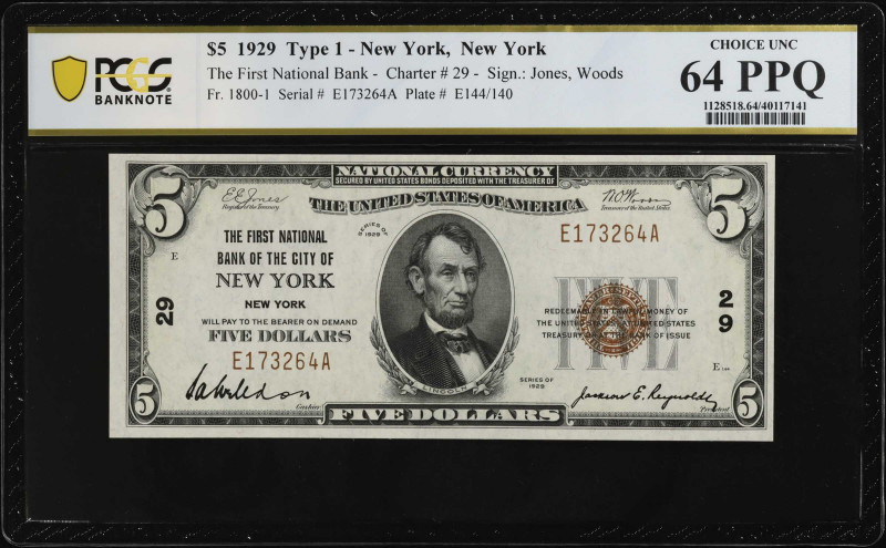 New York, New York. 1929 Ty. 1 $5 Fr. 1800-1. The First NB. Charter #29. PCGS Ba...