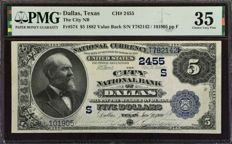 Dallas, Texas. $5 1882 Value Back. Fr. 574. The City NB. Charter #2455. PMG Choi...