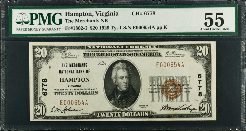 Hampton, Virginia. $20 1929 Ty. 1. Fr. 1802-1. The Merchants NB. Charter #6778. ...