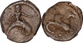 ITALY. Calabria. Tarentum. AR Didrachm (Nomos) (7.83 gms), ca. 500-480 B.C. NGC Ch VF.
HGC-1, 753; HN Italy-827. Obverse: Taras riding dolphin right,...
