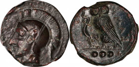 SICILY. Kamarina. AE Tetras, ca. 410-405 B.C. NGC AU.
HGC-2, 548; Westermark & Jenkins-198. Obverse: Head of Athena left, wearing crested Corinthian ...