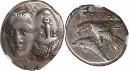 THRACE. The Danubian District. Istros. AR Drachm, ca. 420-340 B.C. NGC VF.
HGC-3.2, 1800. Obverse: Facing male heads, one inverted; Reverse: Sea-eagl...