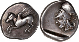 EPEIROS. Ambrakia. AR Stater (8.37 gms), ca. 426-404 B.C. VERY FINE.
HGC-3.1, 203; Pegasi-34; Newell-59A (this coin plated). Obverse: Pegasos flying ...