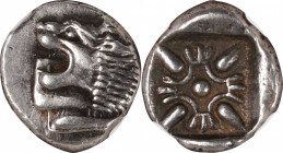 IONIA. Miletos. AR Obol (Hemihekte), ca. Late 6th-5th Centuries B.C. NGC AU.
SNG Kayhan-477. Obverse: Forepart of lion right, head left; Reverse: Ste...