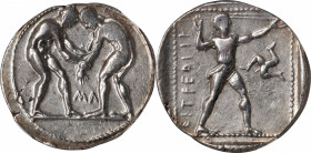 PAMPHYLIA. Aspendos. AR Stater (10.81 gms), ca. 380/75-330/25 B.C. NGC Ch EF, Strike: 3/5 Surface: 4/5.
SNG von Aulock-4559. Obverse: Two wrestlers g...
