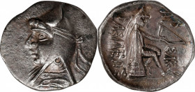 PARTHIA. Mithradates I, 164-132 B.C. AR Drachm (4.10 gms), Hekatompylos Mint. CHOICE EXTREMELY FINE.
Sunrise-251; Sellwood-9.1. Obverse: Bust facing ...