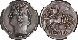 ROMAN REPUBLIC. Anonymous. AR Quadrigatus (Didrachm) (6.71 gms), Uncertain Mint, ca. 225-214 B.C. NGC VF, Strike: 4/5 Surface: 3/5. Edge Cuts.
Cr-30/...