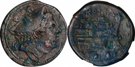 ROMAN REPUBLIC. Anonymous. AE Sextans, Rome Mint, ca. 217-215 B.C. NGC VF.
Cr-38/5; Syd-85. Obverse: Head of Mercury right, wearing winged petasus; t...