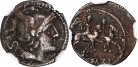ROMAN REPUBLIC. Anonymous. AR Sestertius, Rome Mint, ca. 211-208 B.C. NGC VF.
Cr-44/7; Syd-142; RSC-4. Obverse: Helmeted head of Roma right; mark of ...