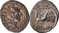 ROMAN REPUBLIC. M. Lucilius Rufus. AR Denarius (4.02 gms), Rome Mint, 101 B.C. GOOD VERY FINE.
Cr-324/1; S-202; Syd-599. Obverse: helmeted head of Ro...