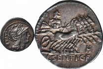 ROMAN REPUBLIC. L. Sentius C.f. AR Denarius (3.96 gms), Rome Mint, 101 B.C. VERY FINE.
Cr-325/1b; Syd-600. Obverse: helmeted head of Roma right; Reve...
