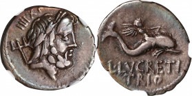 ROMAN REPUBLIC. L. Lucretius Trio. AR Denarius, Rome Mint, ca. 76-74 B.C. NGC VF.
Cr-390/2; Syd-784. Obverse: Laureate head of Neptune right; control...