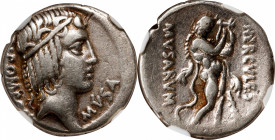 ROMAN REPUBLIC. Q. Pomponius Musa. AR Denarius (3.82 gms), Rome Mint, 56 B.C. NGC VF, Strike: 5/5 Surface: 2/5. Edge Cuts.
Cr-410/1; Syd-810. Obverse...