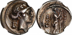ROMAN REPUBLIC. Q. Pomponius Musa. AR Denarius (3.44 gms), Rome Mint, 56 B.C. NGC Ch VF, Strike: 4/5 Surface: 3/5.
Cr-410/2a; Syd-811. Obverse: laure...