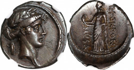 ROMAN REPUBLIC. Q. Pomponius Musa. AR Denarius (3.38 gms), Rome Mint, 56 B.C. NGC Ch VF, Strike: 4/5 Surface: 3/5. Light Scratches.
Cr-410/3; Syd-813...