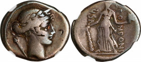 ROMAN REPUBLIC. Q. Pomponius Musa. AR Denarius (3.51 gms), Rome Mint, 56 B.C. NGC F, Strike: 4/5 Surface: 2/5. Banker's Mark.
Cr-410/4; Syd-816. Obve...
