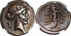 ROMAN REPUBLIC. Q. Pomponius Musa. AR Denarius (3.99 gms), Rome Mint, 56 B.C. NGC Ch VF, Strike: 4/5 Surface: 2/5. Punch Mark.
Cr-410/5; Syd-815. Obv...