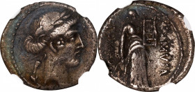ROMAN REPUBLIC. Q. Pomponius Musa. AR Denarius (3.81 gms), Rome Mint, 56 B.C. NGC Ch VF, Strike: 3/5 Surface: 1/5.
Cr-410/7d; Syd-820a. Obverse: laur...