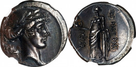 ROMAN REPUBLIC. Q. Pomponius Musa. AR Denarius (3.85 gms), Rome Mint, 56 B.C. NGC Ch EF, Strike: 4/5 Surface: 2/5. Light Smoothing.
Cr-410/9b; Syd-82...
