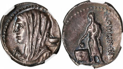 ROMAN REPUBLIC. L. Cassius Longinus. AR Denarius (3.85 gms), Rome Mint, 60 B.C. NGC Ch EF, Strike: 4/5 Surface: 4/5.
Cr-413/1; Syd-935. Obverse: Veil...