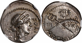 ROMAN REPUBLIC. Q. Sicinius. AR Denarius (3.86 gms), Rome Mint, ca. 49 B.C. NGC AU, Strike: 4/5 Surface: 4/5.
Cr-440/1; Syd-938. Obverse: Diademed he...