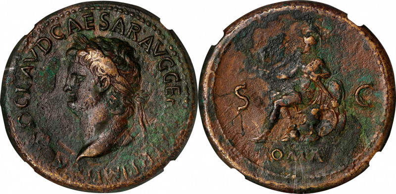 NERO, A.D. 54-68. AE Sestertius (25.87 gms), Rome Mint, ca. A.D. 65. NGC EF, Str...