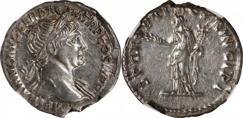 TRAJAN, A.D. 98-117. AR Denarius (3.34 gms), Rome Mint, ca. A.D. 103-107. NGC AU...