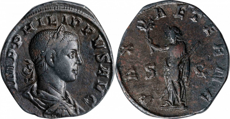 PHILIP II, A.D. 247-249. AE Sestertius (18.75 gms), Rome Mint, A.D. 247. CHOICE ...