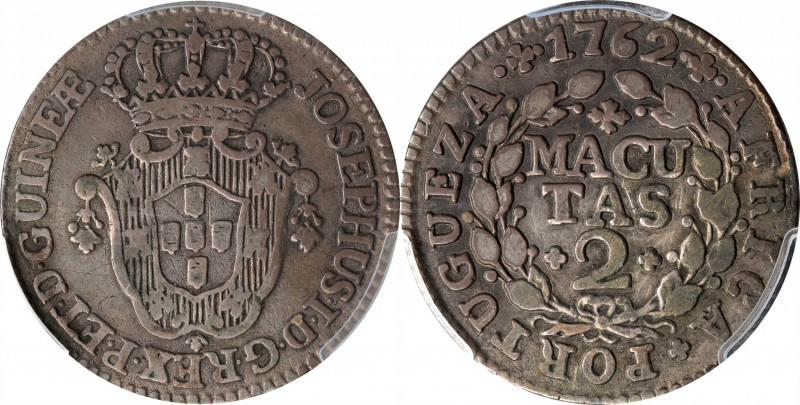 ANGOLA. 2 Macutas, 1762. Jose I. PCGS VF-30.
KM-13; Gomes-09.01.
Estimate: $60...