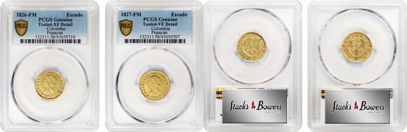 COLOMBIA. Duo of Escudos (2 Pieces), 1826 & 1827. Popayan Mint. Both PCGS Certif...