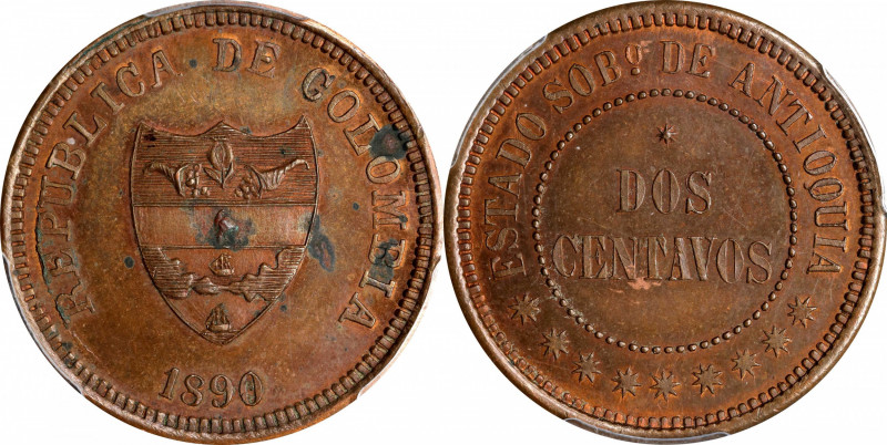 COLOMBIA. Antioquia. Copper 2 Centavos Pattern, 1890. PCGS Genuine--Environmenta...