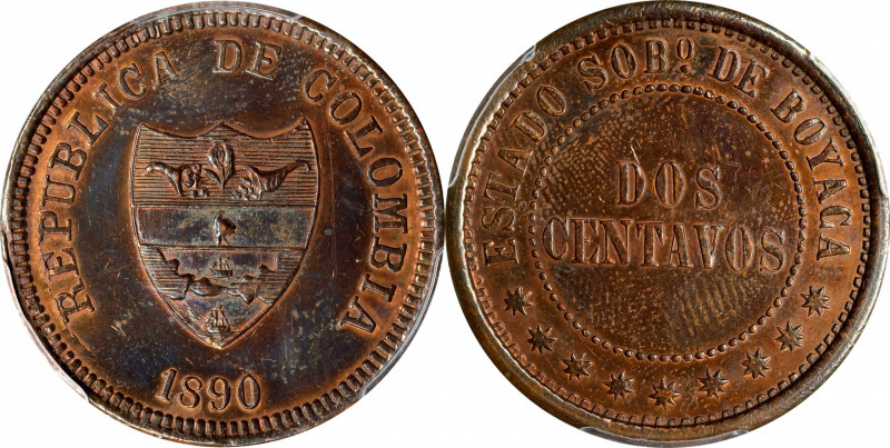 COLOMBIA. Boyaca. Copper 2 Centavos Pattern, 1890. PCGS Genuine--Polished, AU De...