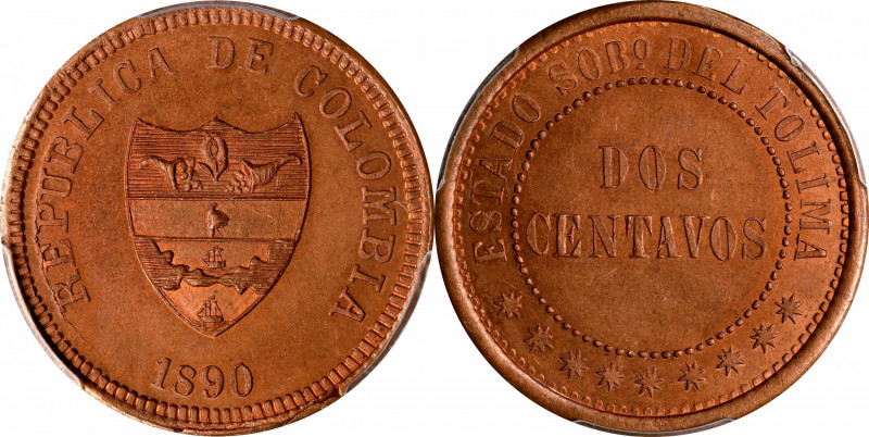 COLOMBIA. Tolima. Copper 2 Centavos Pattern, 1890. PCGS SPECIMEN-64 Red Brown.
...