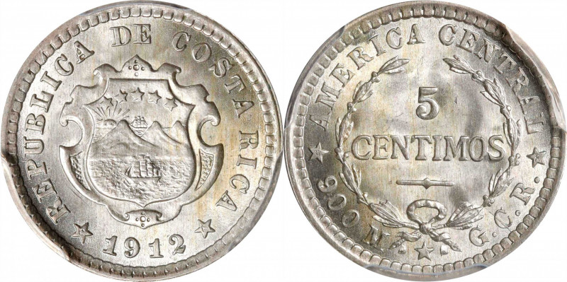 COSTA RICA. 5 Centimos, 1912-GCR. Philadelphia Mint. PCGS MS-66.
KM-145.
Estim...