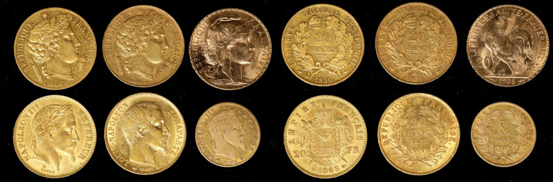 FRANCE. Sextet of Gold Issues (6 Pieces), 1850-1908. Grade Range: VERY FINE to U...