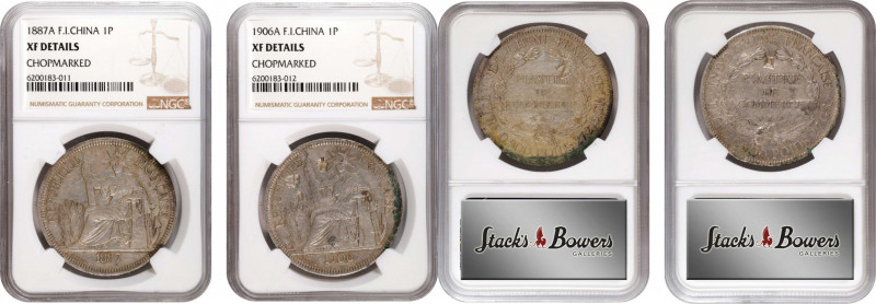 FRENCH INDO-CHINA. Duo of Chopmarked Piastres (2 Pieces), 1887 & 1906-A. Paris M...