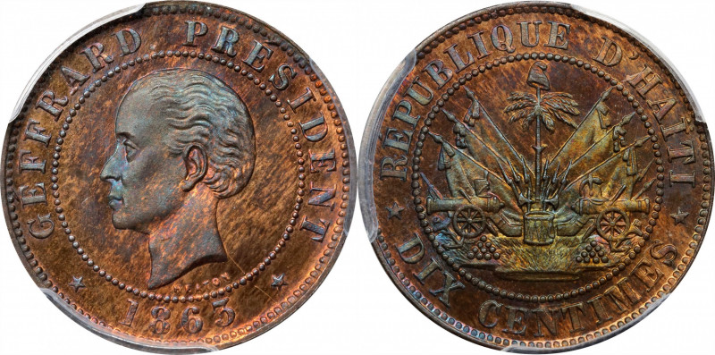 HAITI. 10 Centimes, 1863-HEATON. Heaton Mint. PCGS SPECIMEN-65.
KM-40.
Estimat...