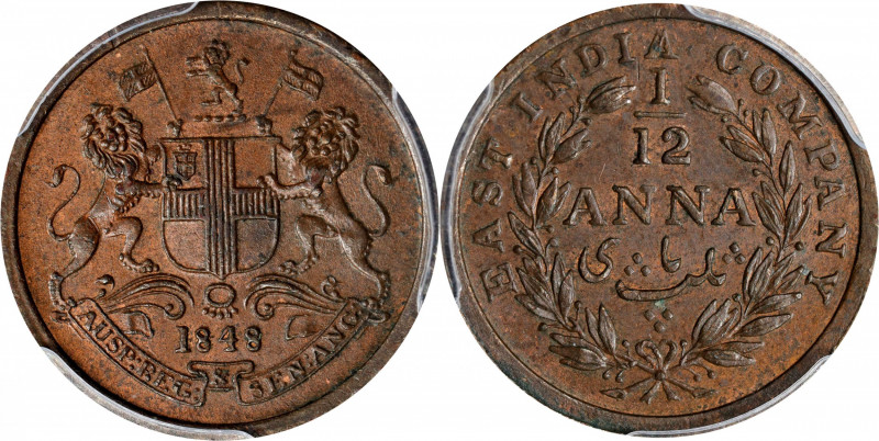 INDIA. 1/12 Anna, 1848-(C). Calcutta Mint. Victoria. PCGS MS-62 Brown.
KM-445; ...