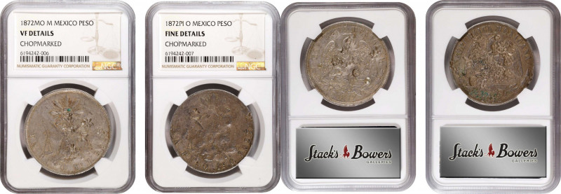 MEXICO. Duo of Chopmarked Pesos (2 Pieces), 1872. Both NGC Certified.
1) 1872-M...