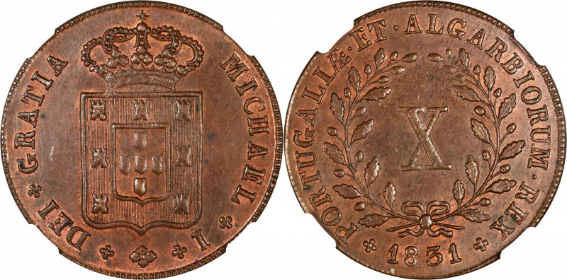 PORTUGAL. 10 Reis, 1831. Lisbon Mint. Miguel I. NGC MS-64 Brown.
KM-390.
Estim...