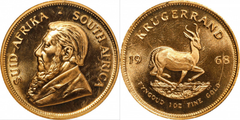 SOUTH AFRICA. Krugerrand, 1968. GEM UNCIRCULATED.
Fr-B1; KM-73. AGW: 1.0003 oz....