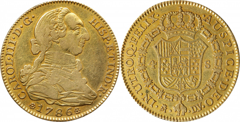 SPAIN. 4 Escudos, 1786-M DV. Madrid Mint. Charles III. EF Details--Cleaned.
Fr-...